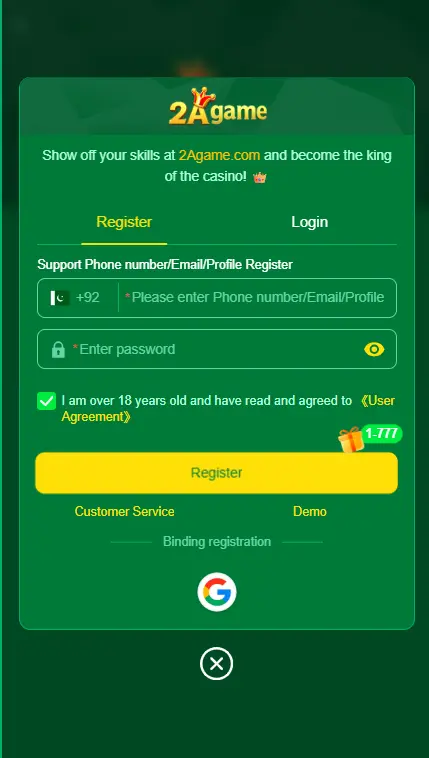 Mobile gaming registration page