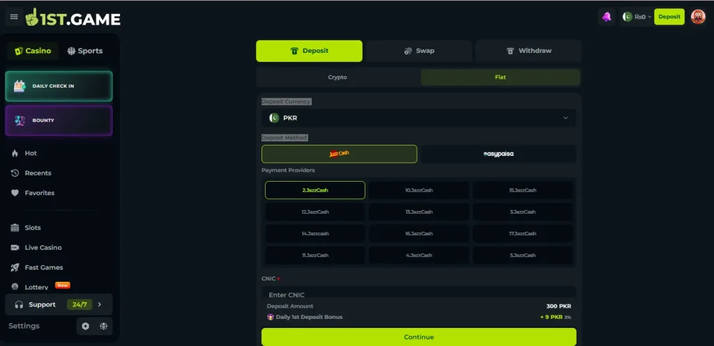 Mobile gaming wallet deposit screen