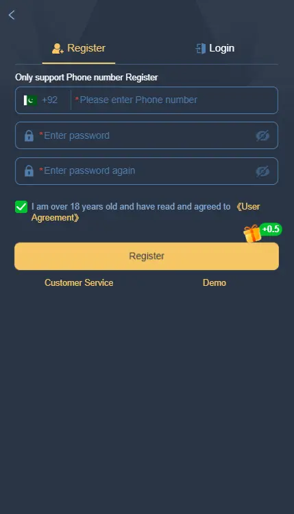 Mobile game registration page