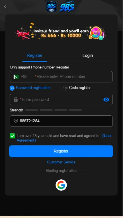 Registration form for creating a new gaming account