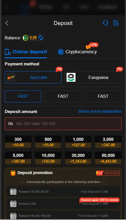 Deposit section with wallet and payment options