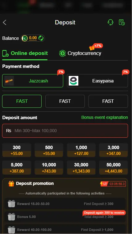 Deposit page with available payment options