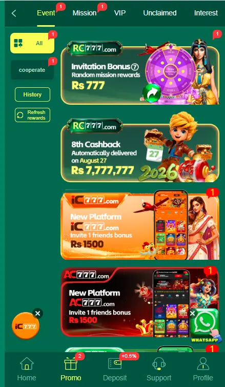 gaming promotions and reward offers section