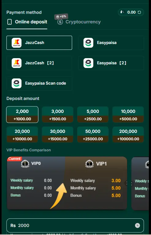 Deposit section with available payment options