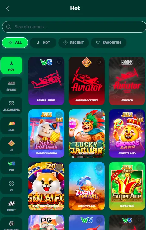 Different mobile game categories available in the app