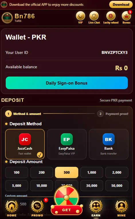 BN786 Game deposit and wallet section