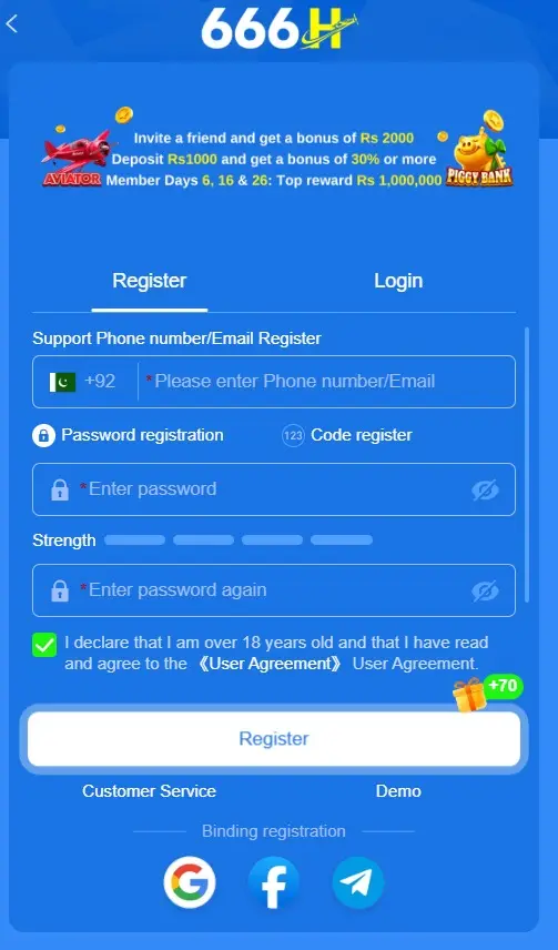 666H Game registration page displaying account sign-up fields and registration options.