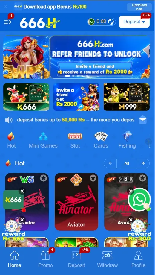 666H Game home screen displaying game options, wallet section, promotions, and account features.