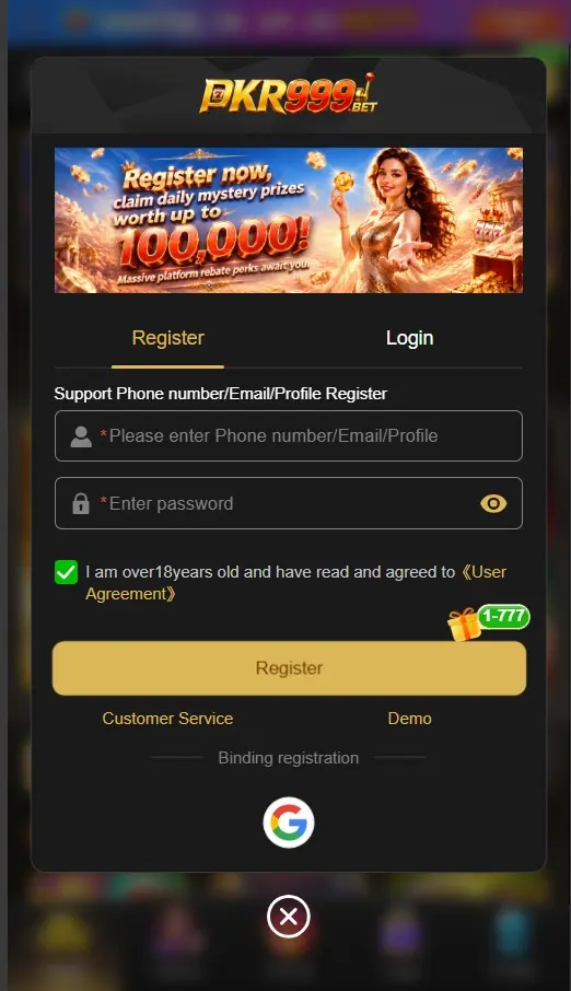 PKR999 Bet registration page with account creation fields and password form.