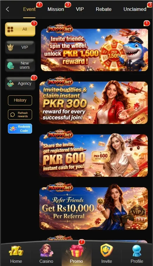 PKR999 Bet promotions page showing bonus offers, referral rewards, and promotional events.