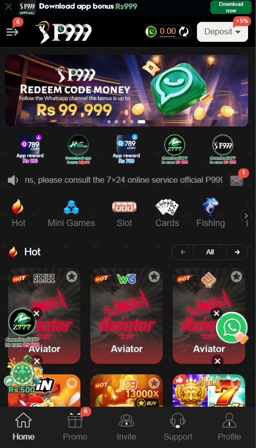 PAK79 Game home screen displaying games, account options, promotions, and wallet features.