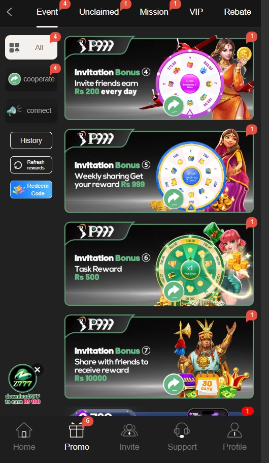 PAK79 Game promotions page displaying bonuses, referral offers, and promotional events.