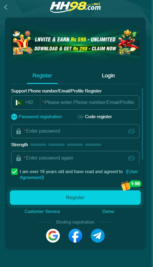 HH98 Game registration page with account sign-up fields
