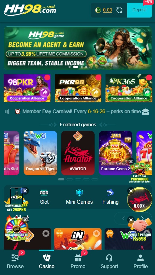 HH98 Game home page with gaming categories and mobile interface