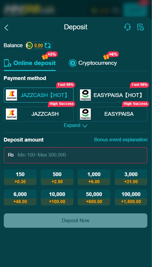 HH98 Game deposit page showing payment and wallet options