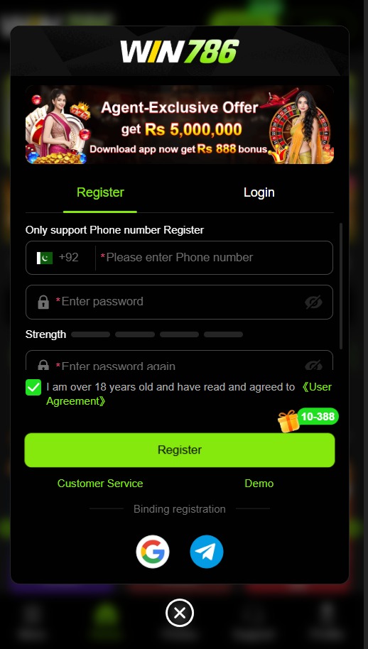 Win786 Game registration page with account sign-up fields.