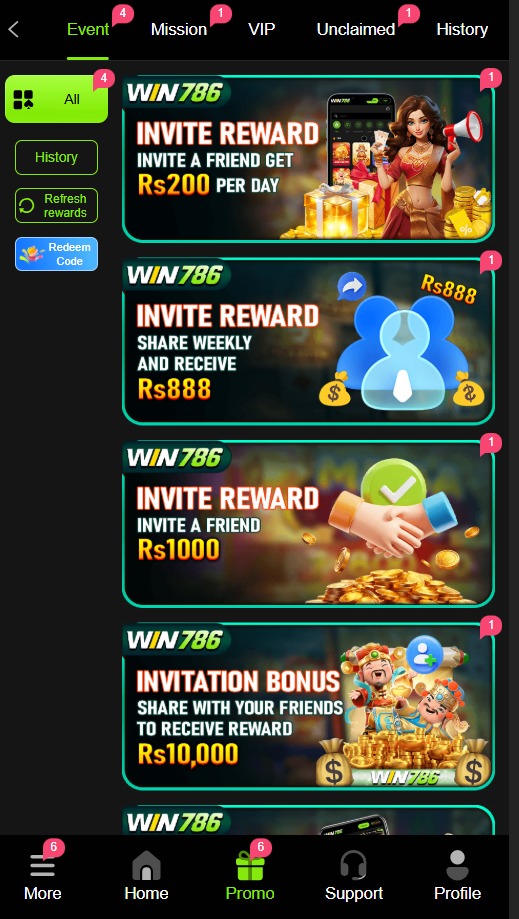 Win786 Game promotions page with bonuses and reward offers.