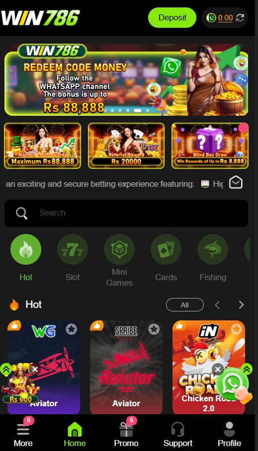 Win786 Game home page with games, account menu, and navigation options