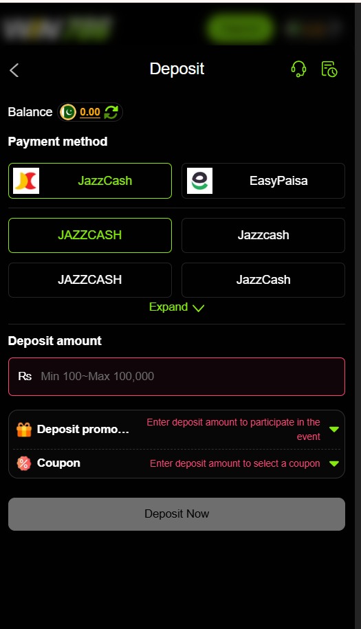 Win786 Game deposit page with payment options and deposit amount field.