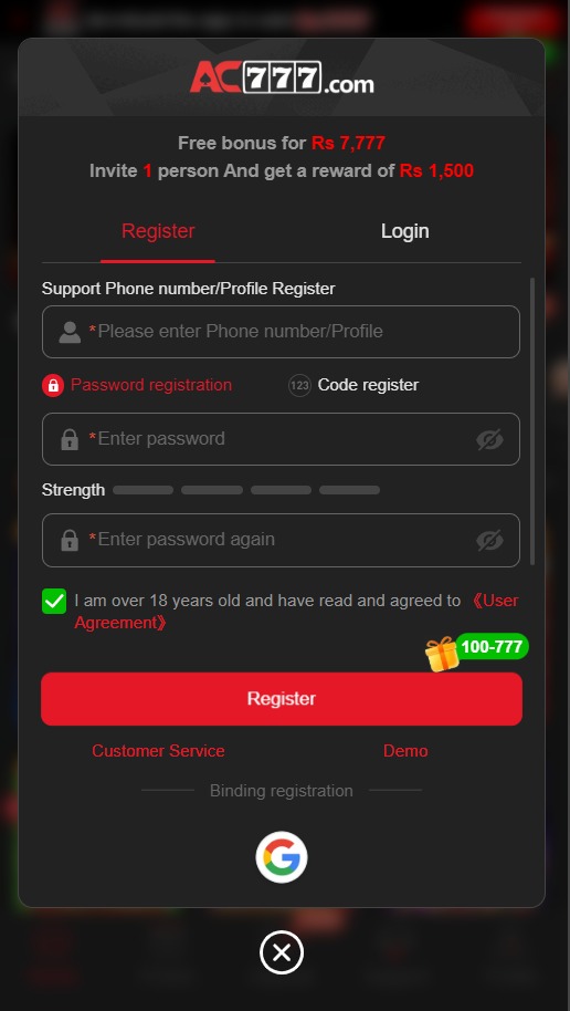 AC777 Game registration page showing account sign-up fields.