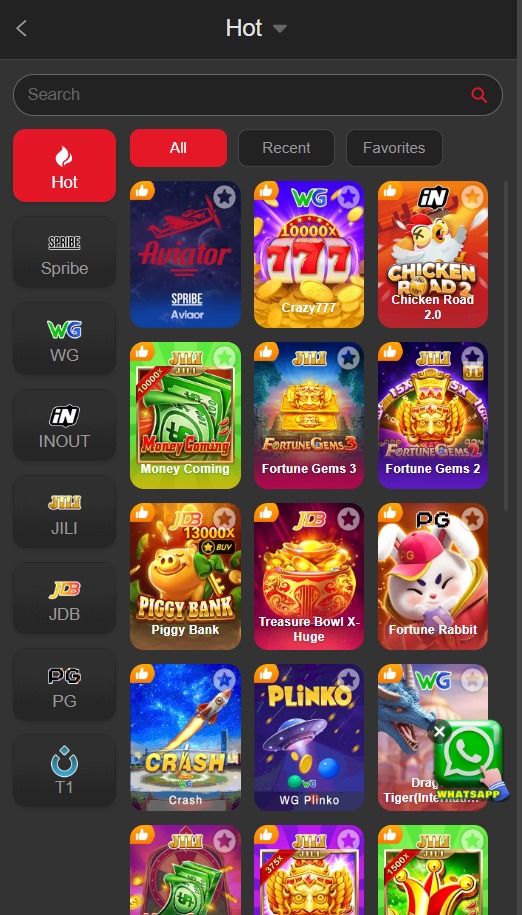 AC777 Game screenshot showing different game types and categories.
