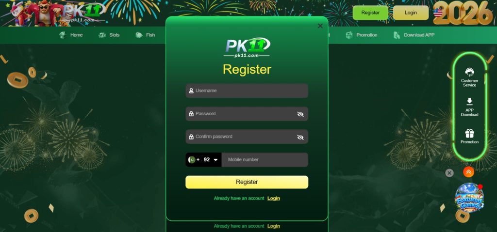 PK11 Game registration page with account creation fields.