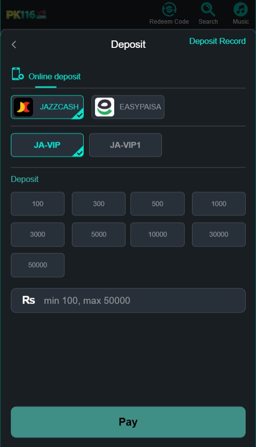 PK116 Game deposit page showing payment methods and deposit options.