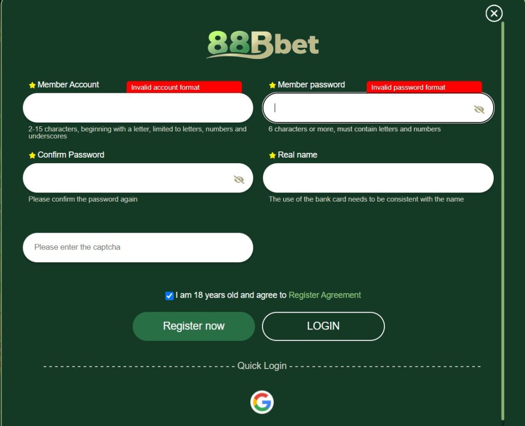88Bbet Game registration page showing account creation fields.
