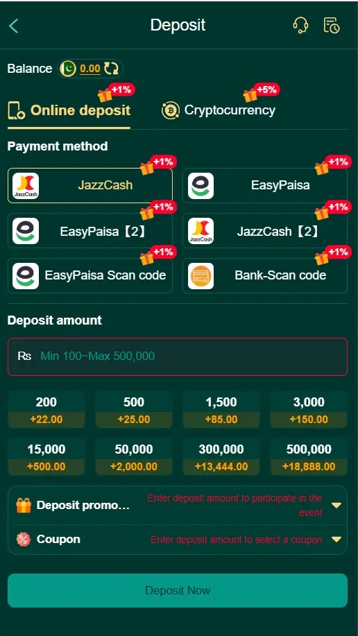 C444 Game deposit page showing payment methods