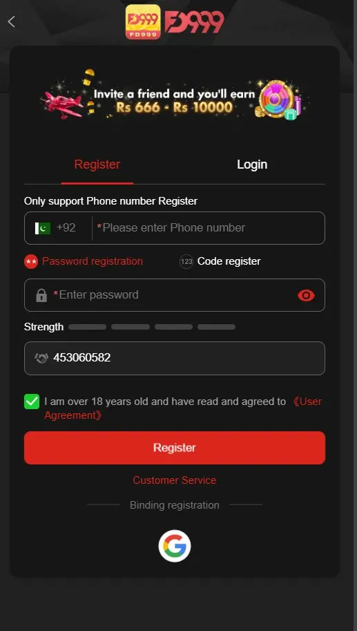 FD999 Game registration page showing the account signup interface.