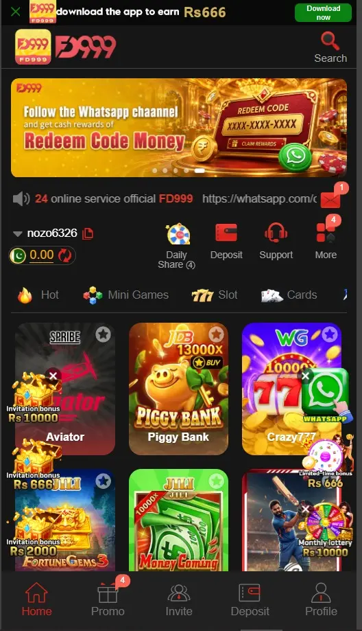 FD999 Game home page showing the main gaming interface and navigation.
