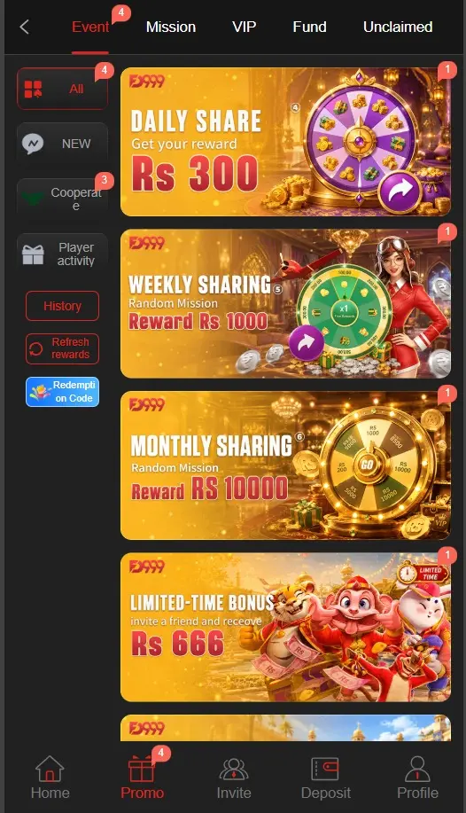 FD999 Game promotions page showing available offers and promotional sections.
