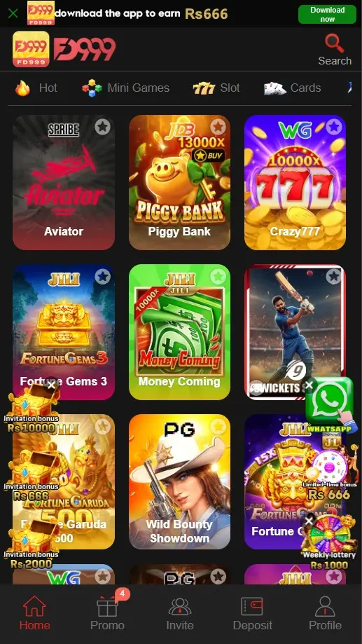 FD999 Game screenshot showing different game types and categories.