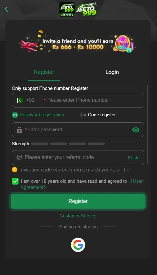 JEETO999 Game registration page with signup fields