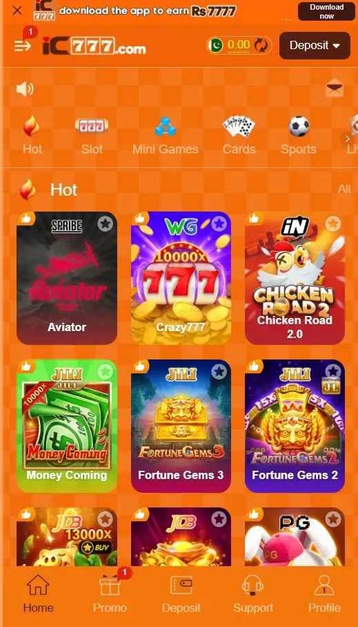 IC777 Game home page showing game categories and navigation
