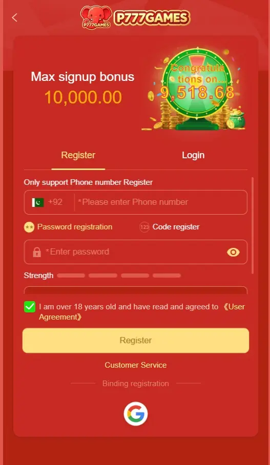 P777 Game registration page with account signup fields