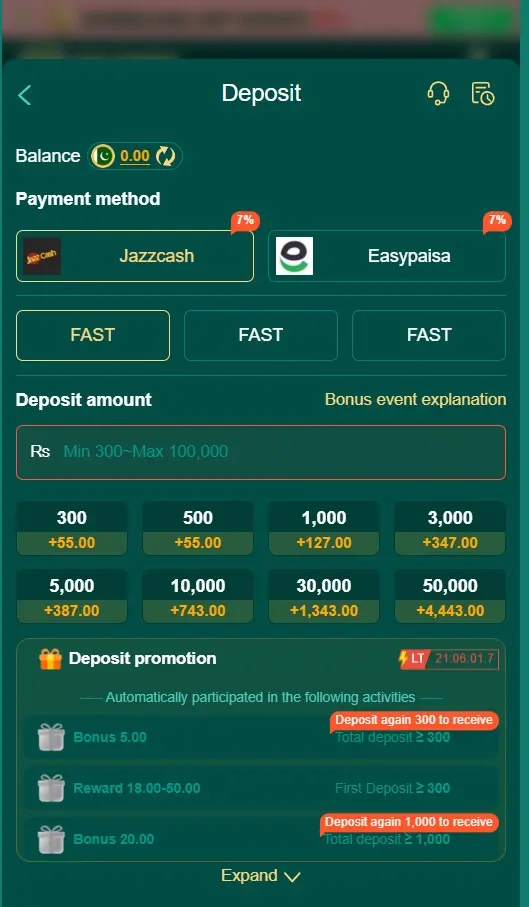 SK-E999 Game deposit page with wallet and payment options