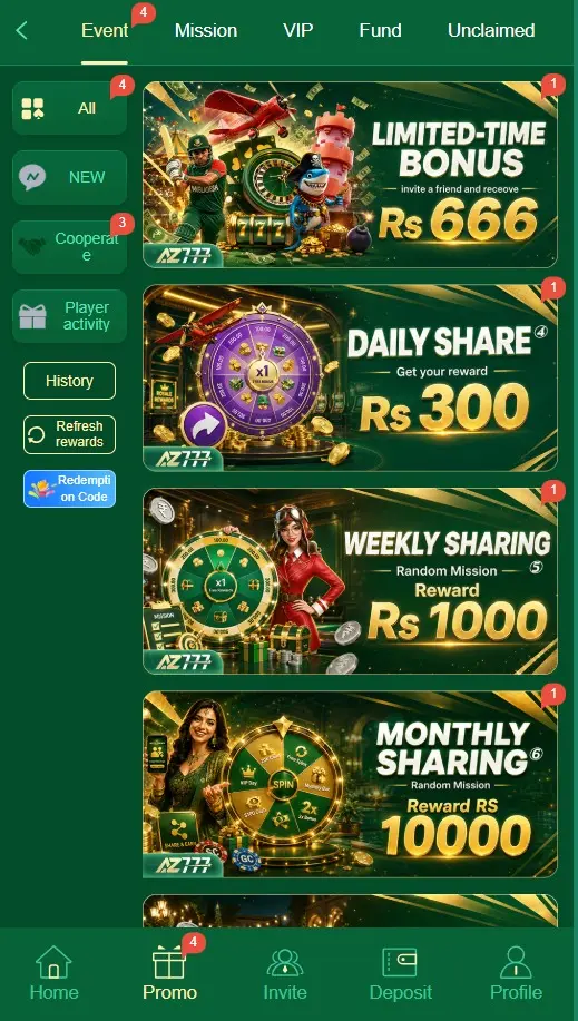 AZ777 Game promotions and bonus section