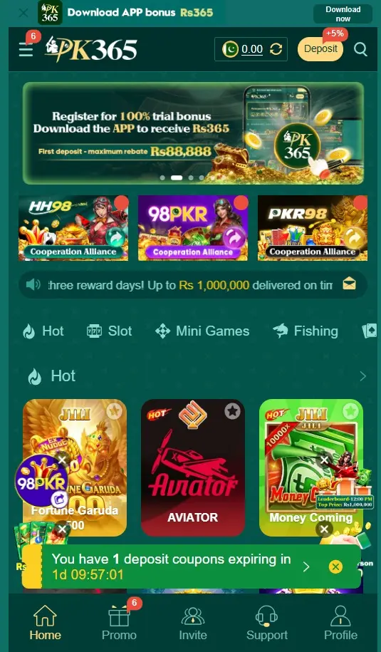 PK365 Game home page showing the main gaming interface