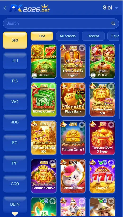 PK2026 Game types including slots casino card and crash games