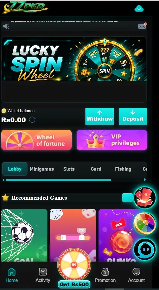 77PKR Game home page with gaming categories and navigation