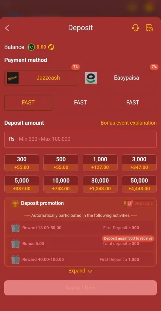 LAAM777 Game deposit page