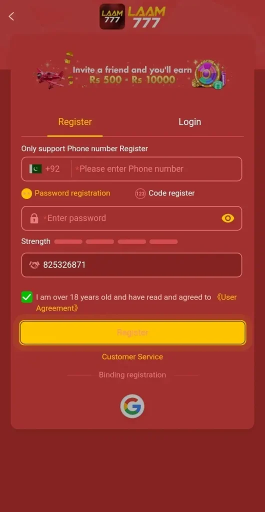 LAAM777 Game registration and sign up page