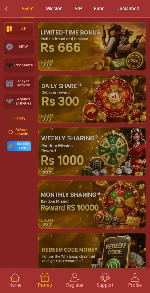 LAAM777 Game promotions and bonus section