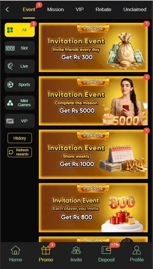 Pak804 Game promotions and bonus section