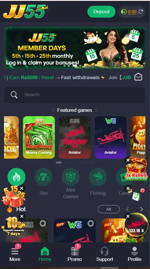JJ55 Game home page and gaming interface