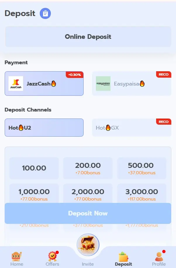  deposit page with payment options