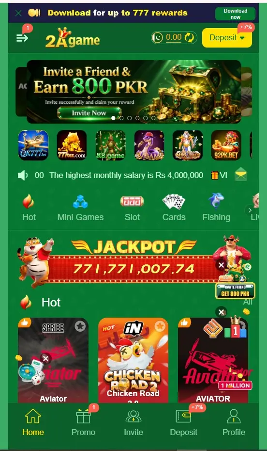 2A Game home page showing the main gaming interface