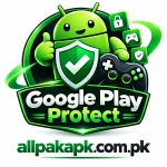 Google Play Protect logo for Android gaming safety with allpakapk.com.pk branding