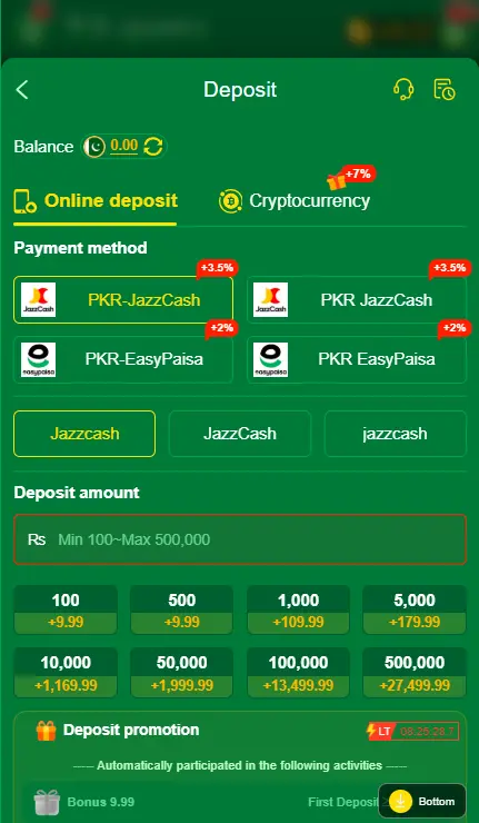 Deposit section with payment options